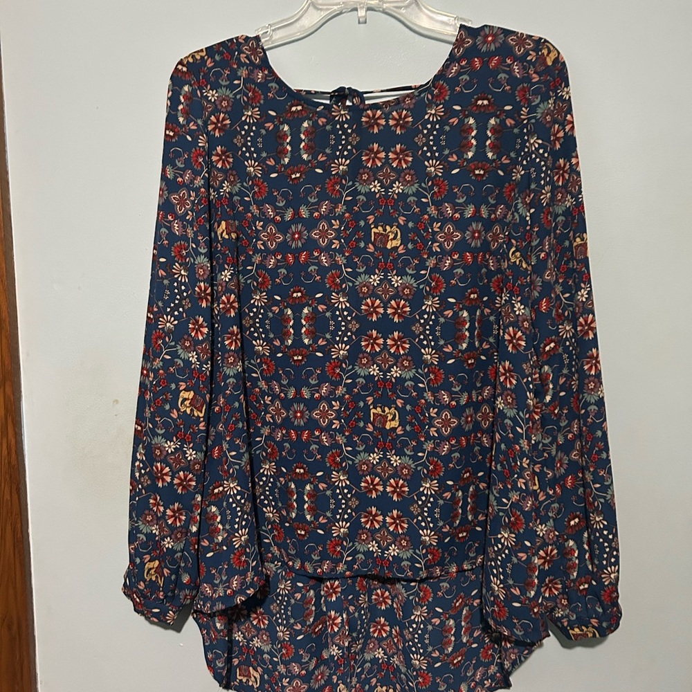 Forever 21 Blue and Red Relaxed Long Sleeve Blouse